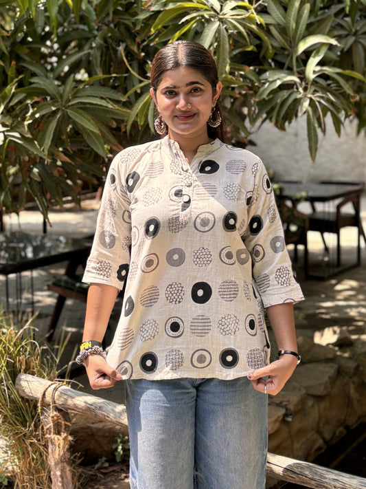 NYRA Black White Printed Cotton Short Top