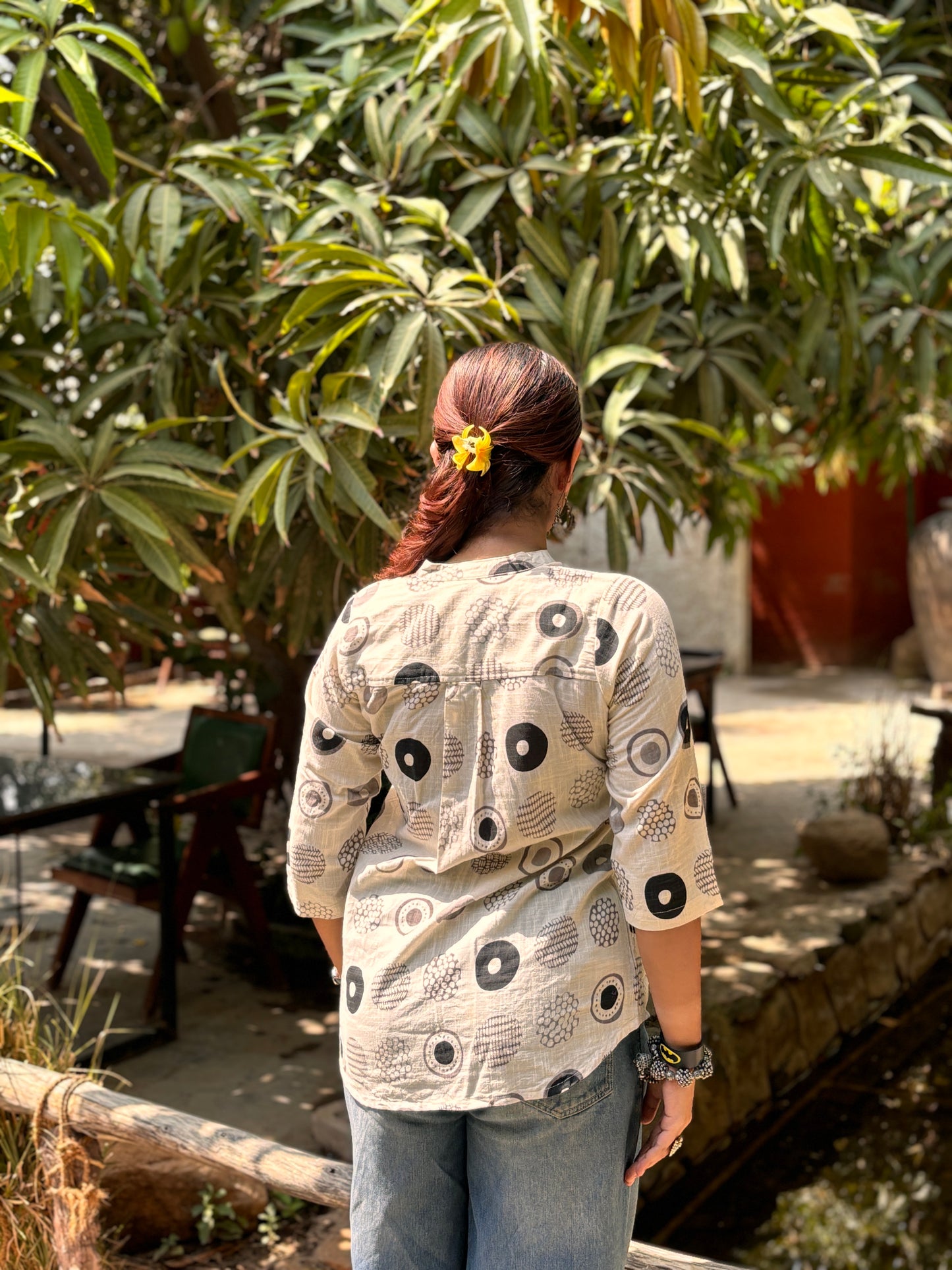 NYRA Black White Printed Cotton Short Top