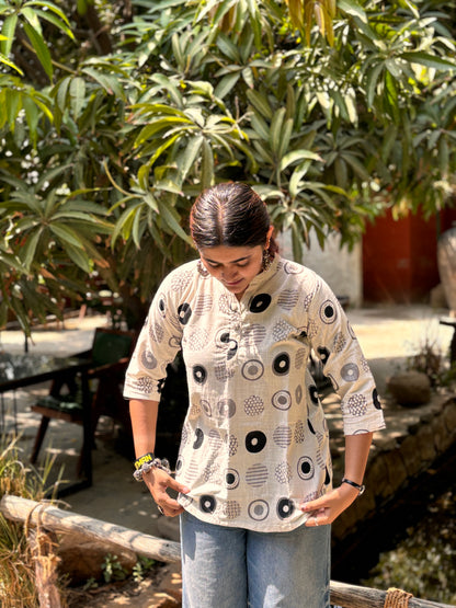NYRA Black White Printed Cotton Short Top