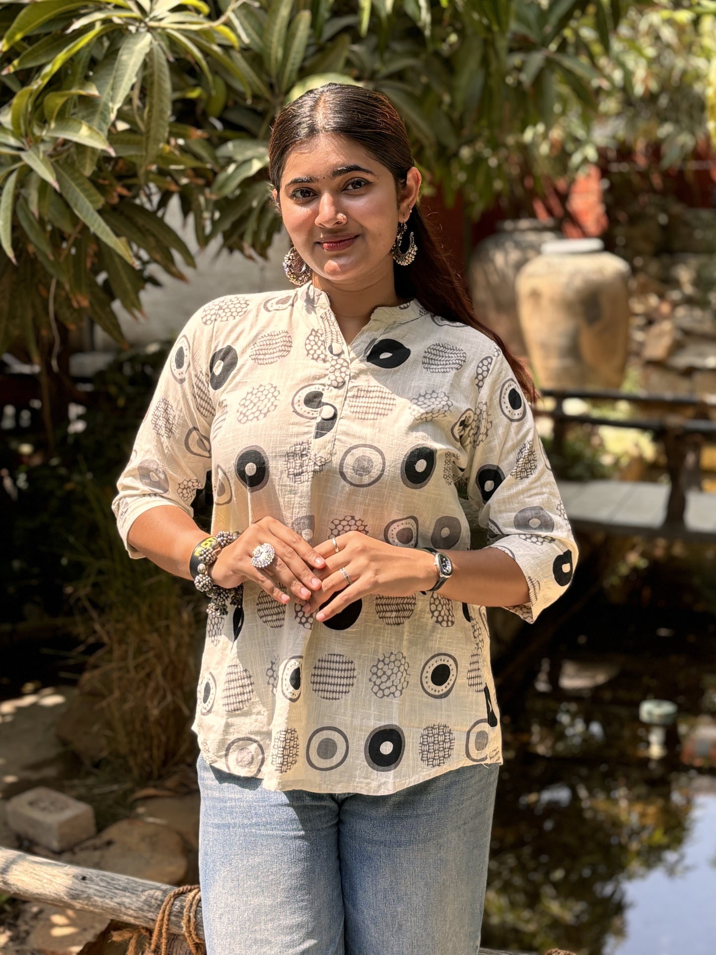 NYRA Black White Printed Cotton Short Top