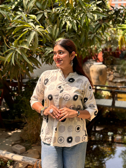 NYRA Black White Printed Cotton Short Top