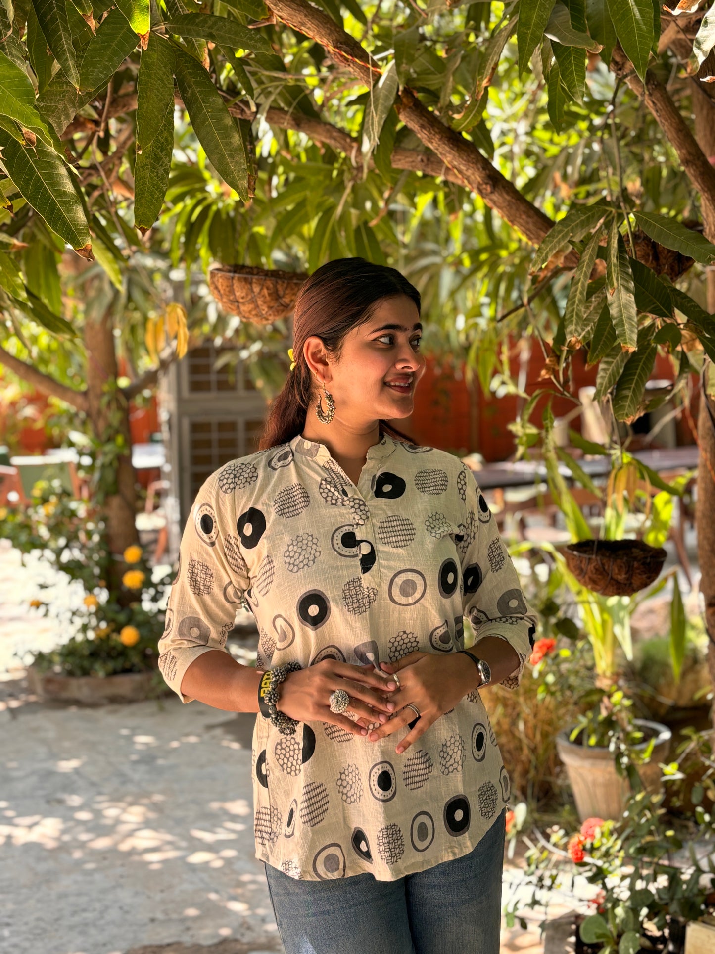 NYRA Black White Printed Cotton Short Top