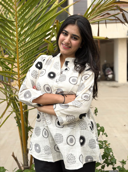 NYRA Black White Printed Cotton Short Top
