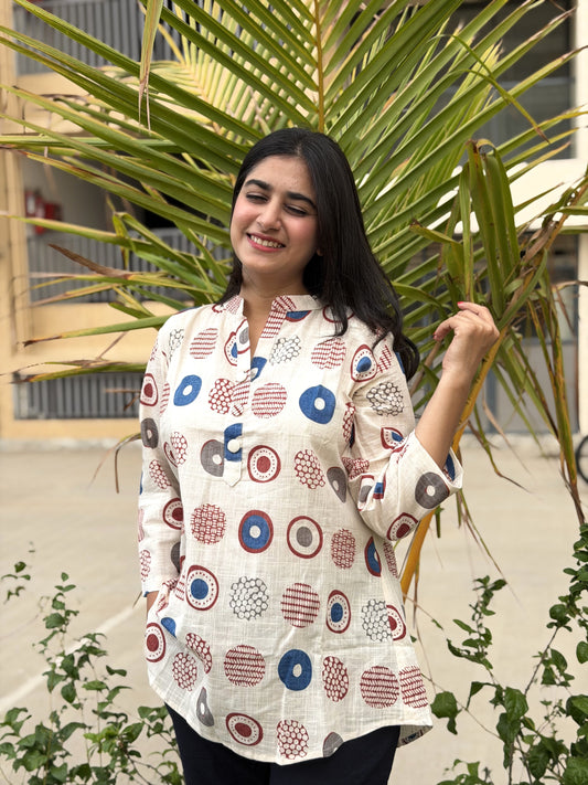 NYRA Blue White Printed Cotton Short Top