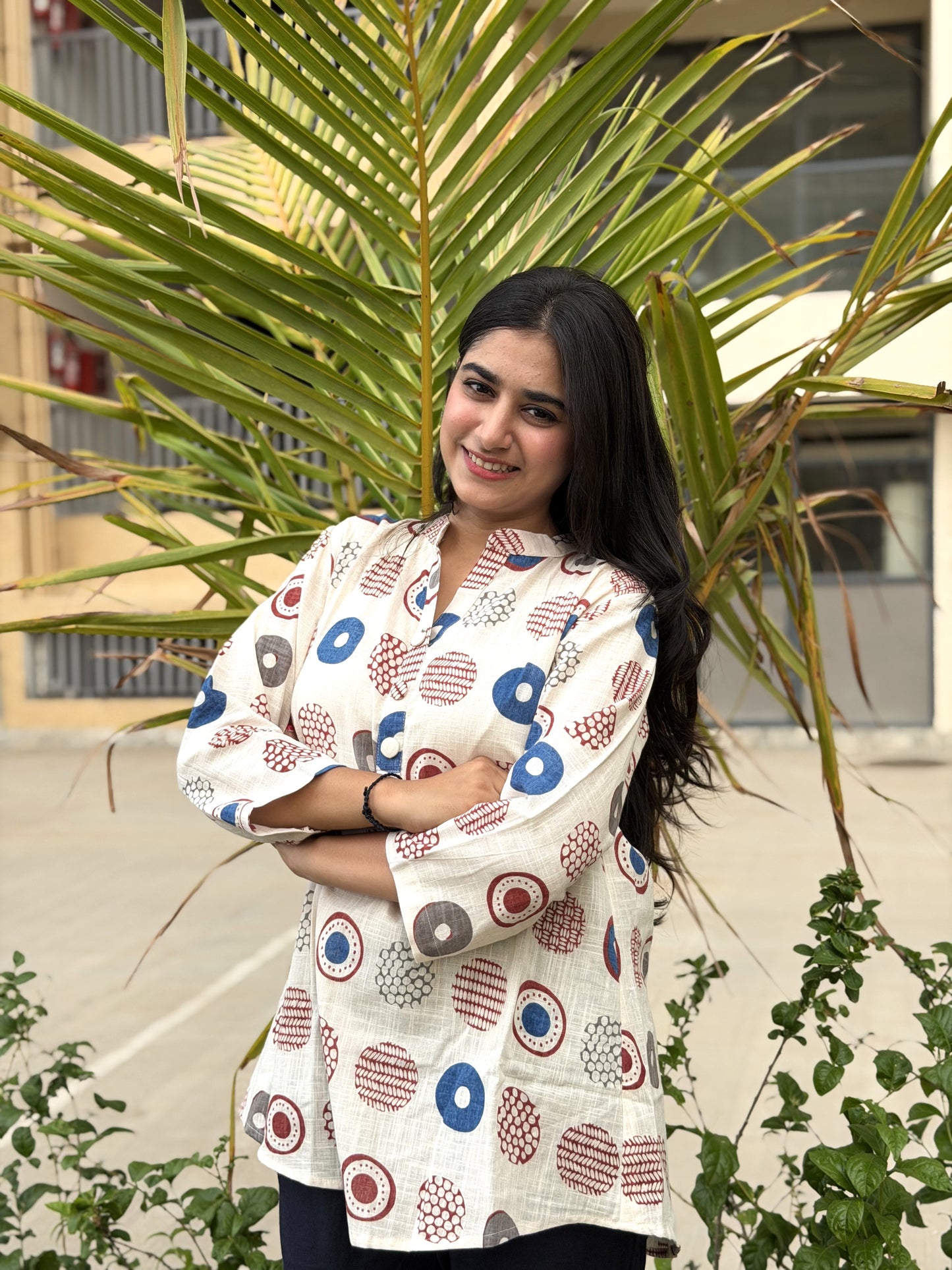 NYRA Blue White Printed Cotton Short Top