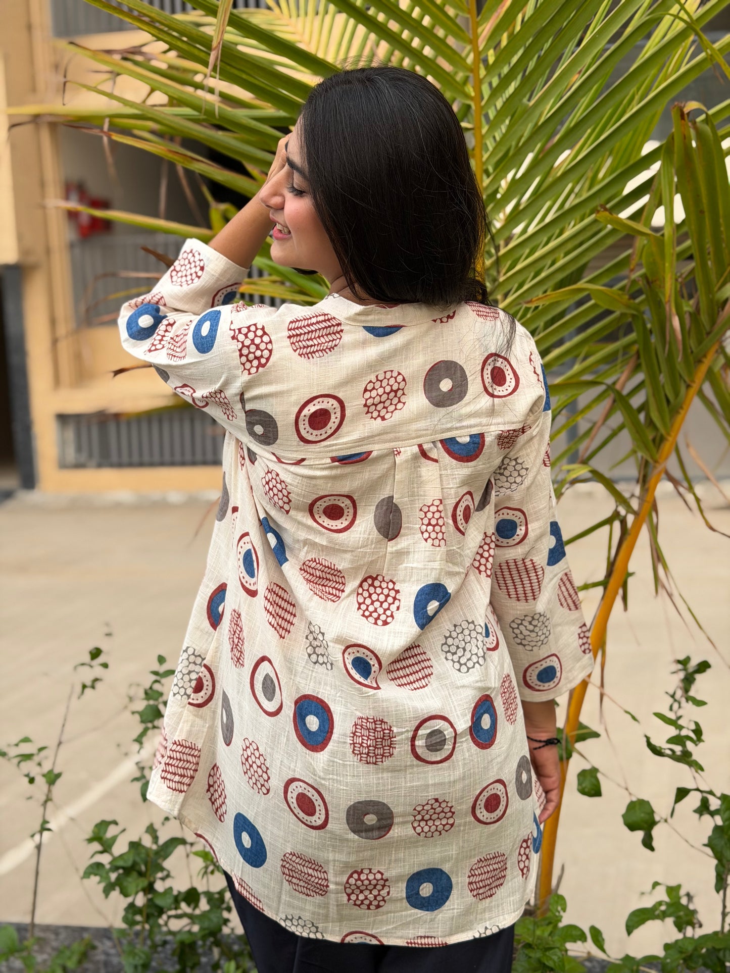 NYRA Blue White Printed Cotton Short Top