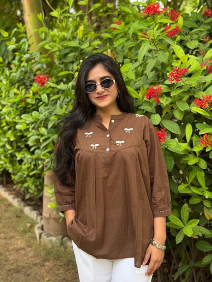 AVIRA Mocha Brown Dori Work Cotton Short Top