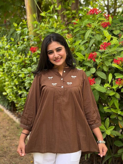AVIRA Mocha Brown Dori Work Cotton Short Top