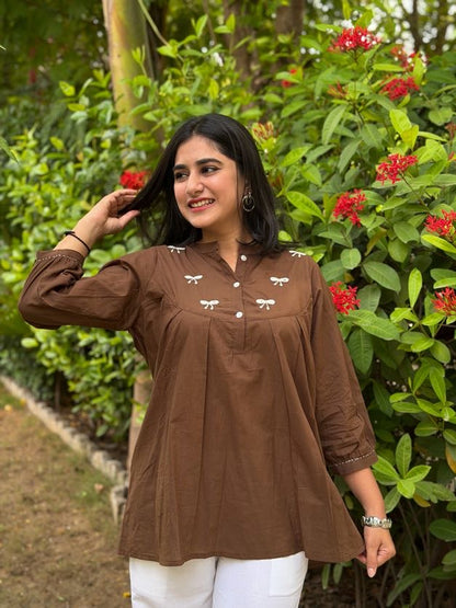AVIRA Mocha Brown Dori Work Cotton Short Top