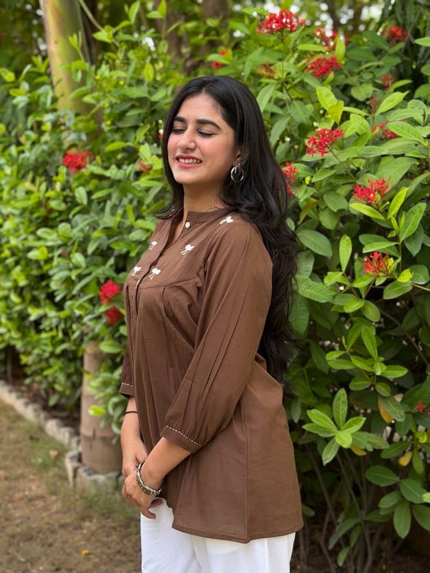 AVIRA Mocha Brown Dori Work Cotton Short Top