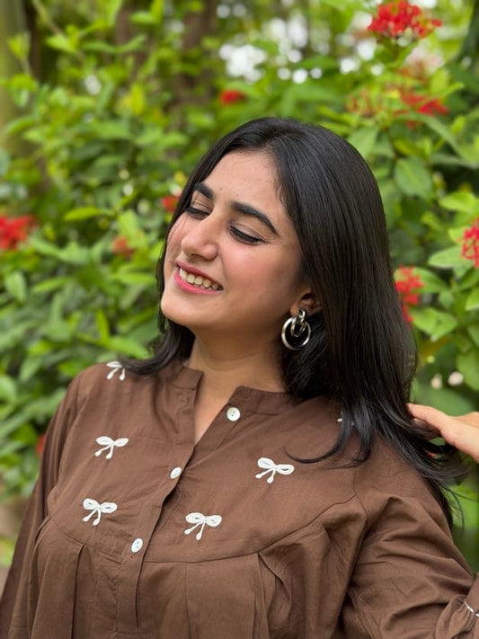 AVIRA Mocha Brown Dori Work Cotton Short Top