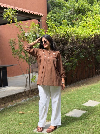 AVIRA Mocha Brown Dori Work Cotton Short Top