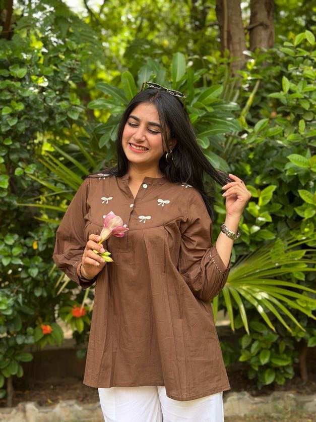 AVIRA Mocha Brown Dori Work Cotton Short Top