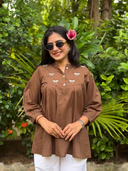 AVIRA Mocha Brown Dori Work Cotton Short Top