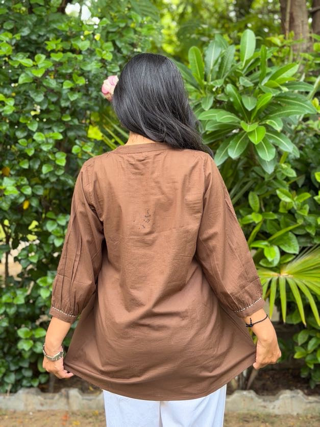 AVIRA Mocha Brown Dori Work Cotton Short Top