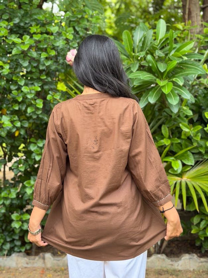 AVIRA Mocha Brown Dori Work Cotton Short Top