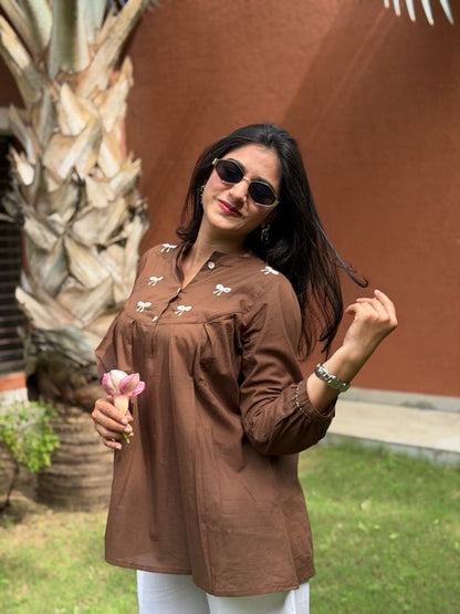 AVIRA Mocha Brown Dori Work Cotton Short Top