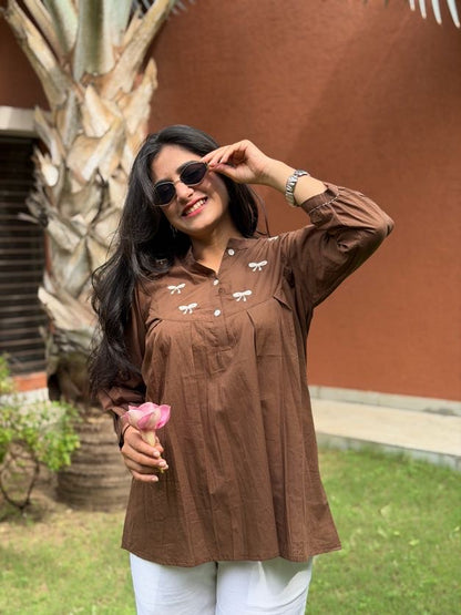 AVIRA Mocha Brown Dori Work Cotton Short Top