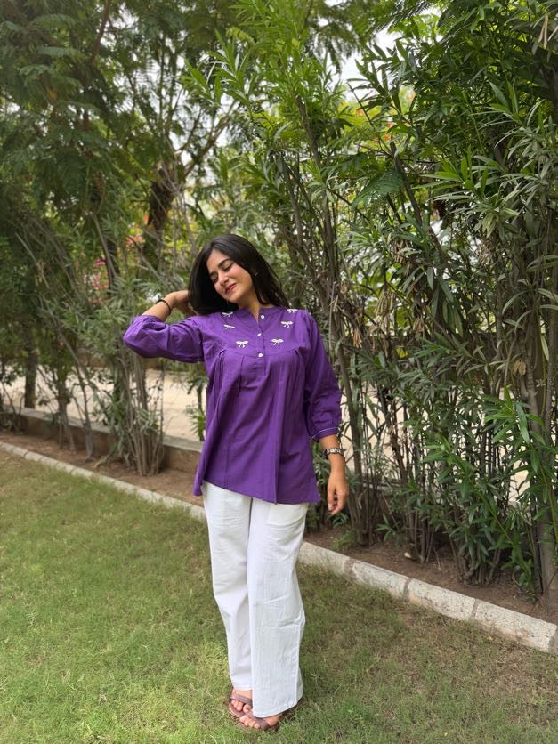 AVIRA Purple Dori Work Cotton Short Top