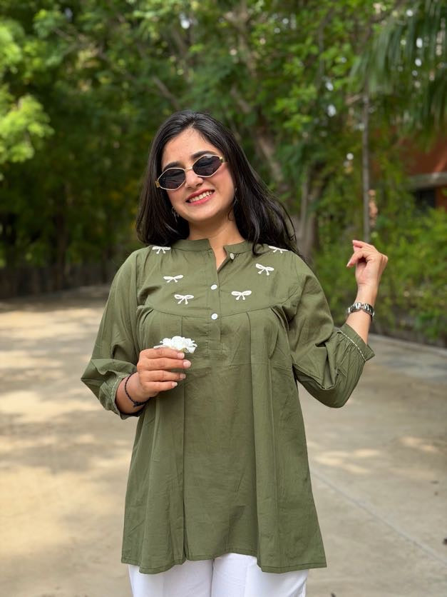 AVIRA Green Dori Work Cotton Short Top