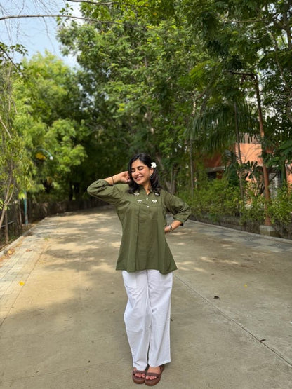 AVIRA Green Dori Work Cotton Short Top