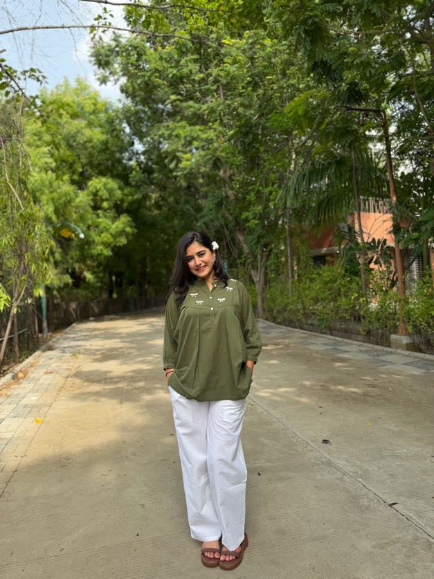 AVIRA Green Dori Work Cotton Short Top
