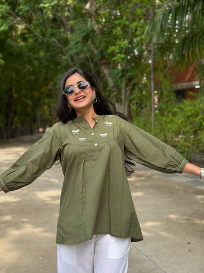 AVIRA Green Dori Work Cotton Short Top