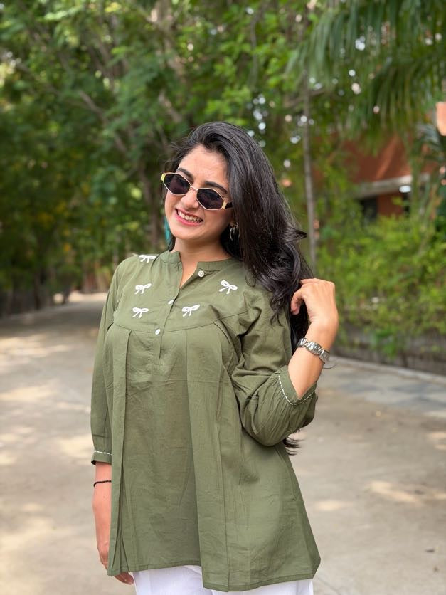 AVIRA Green Dori Work Cotton Short Top