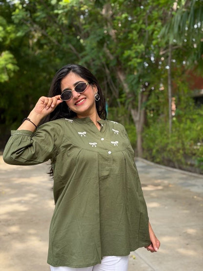 AVIRA Green Dori Work Cotton Short Top