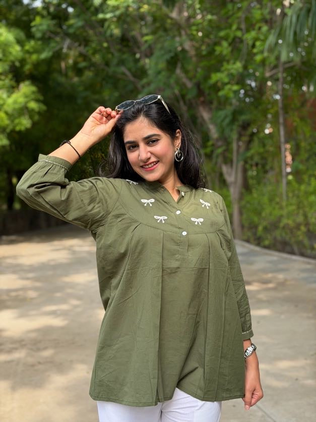 AVIRA Green Dori Work Cotton Short Top