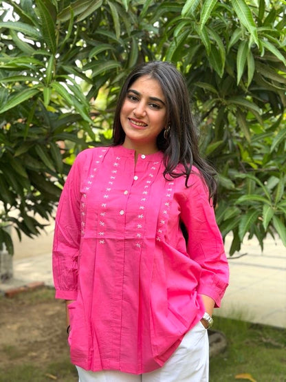 LIVAE Baby Pink Handwork Cotton Short Top
