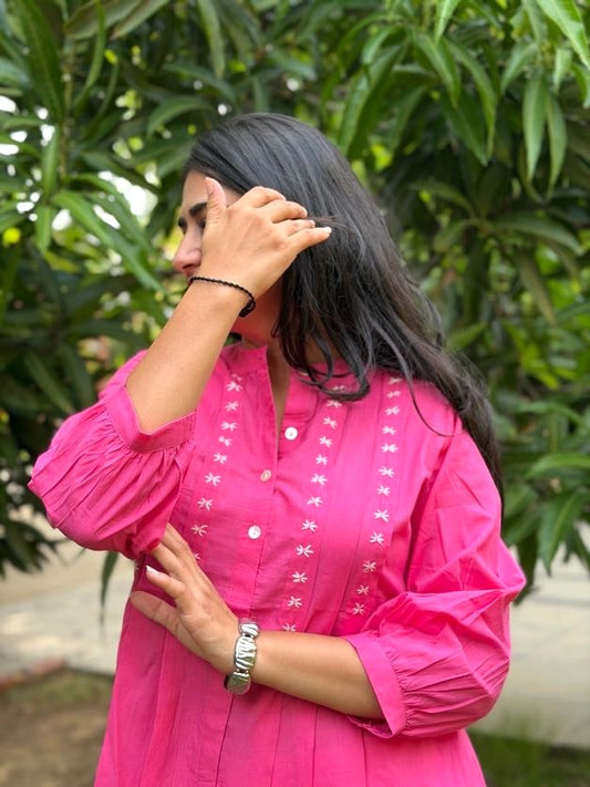 LIVAE Baby Pink Handwork Cotton Short Top