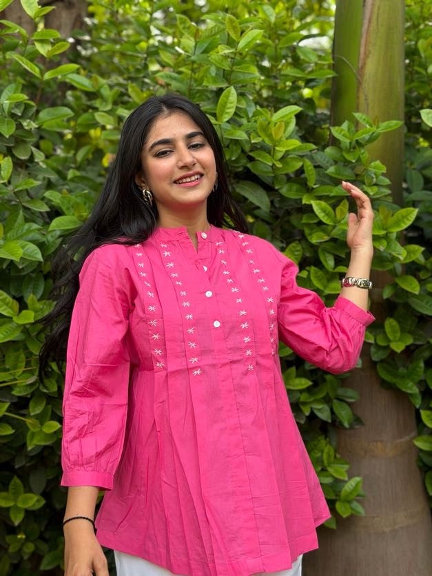 LIVAE Baby Pink Handwork Cotton Short Top