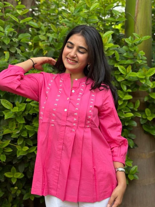 LIVAE Baby Pink Handwork Cotton Short Top