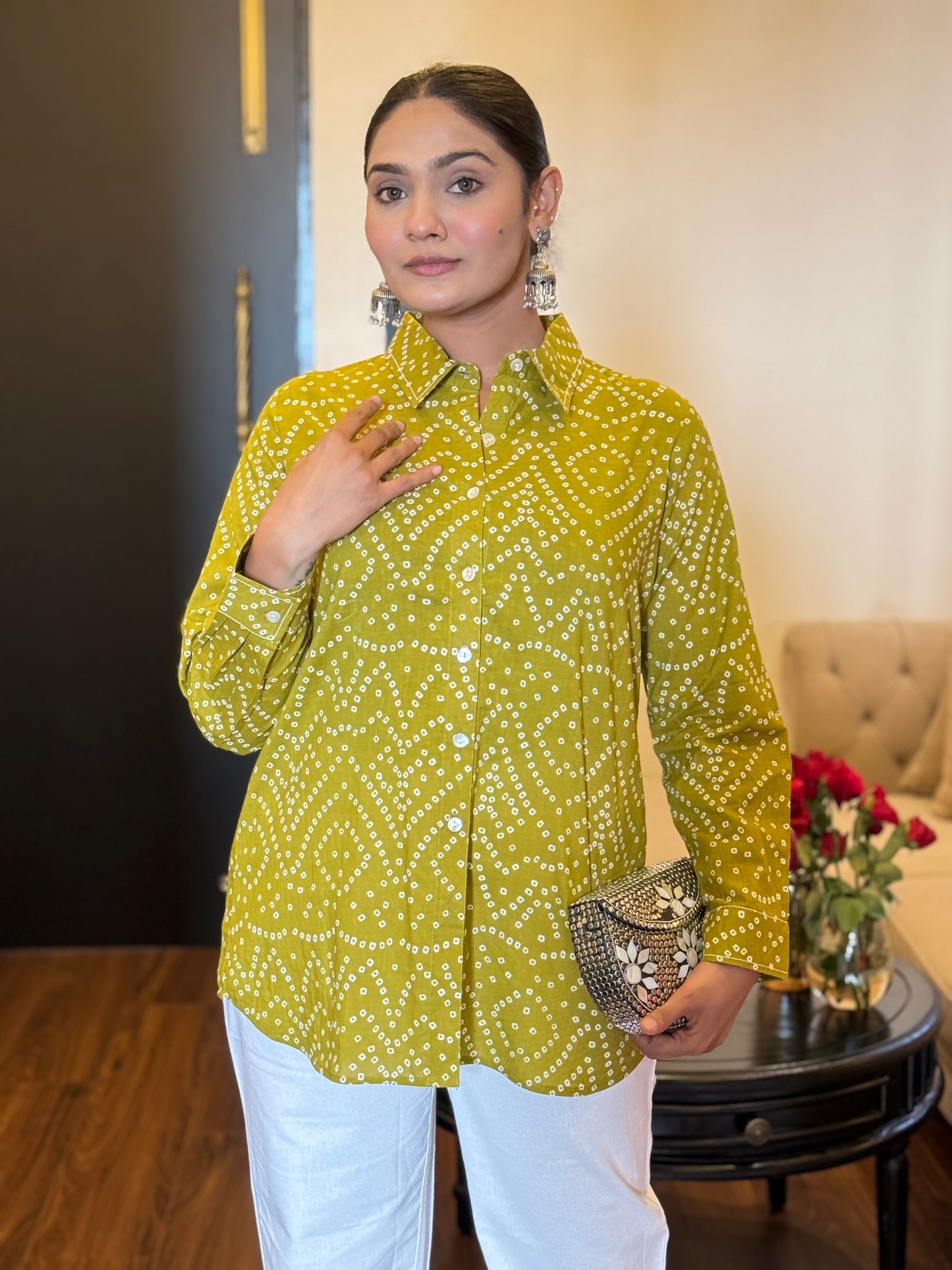 RIVA Heritage Mustard Bandhani Cotton Shirt