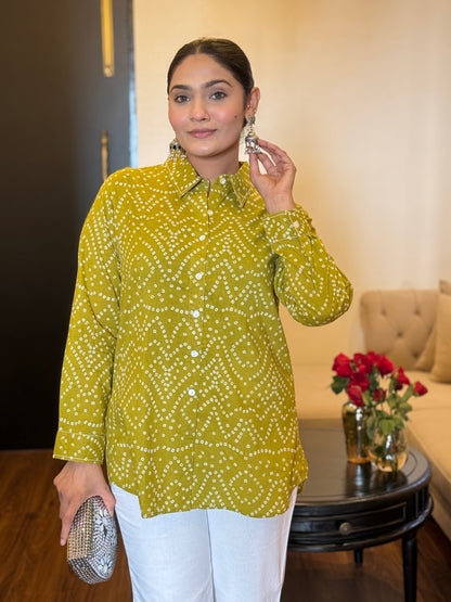 RIVA Heritage Mustard Bandhani Cotton Shirt