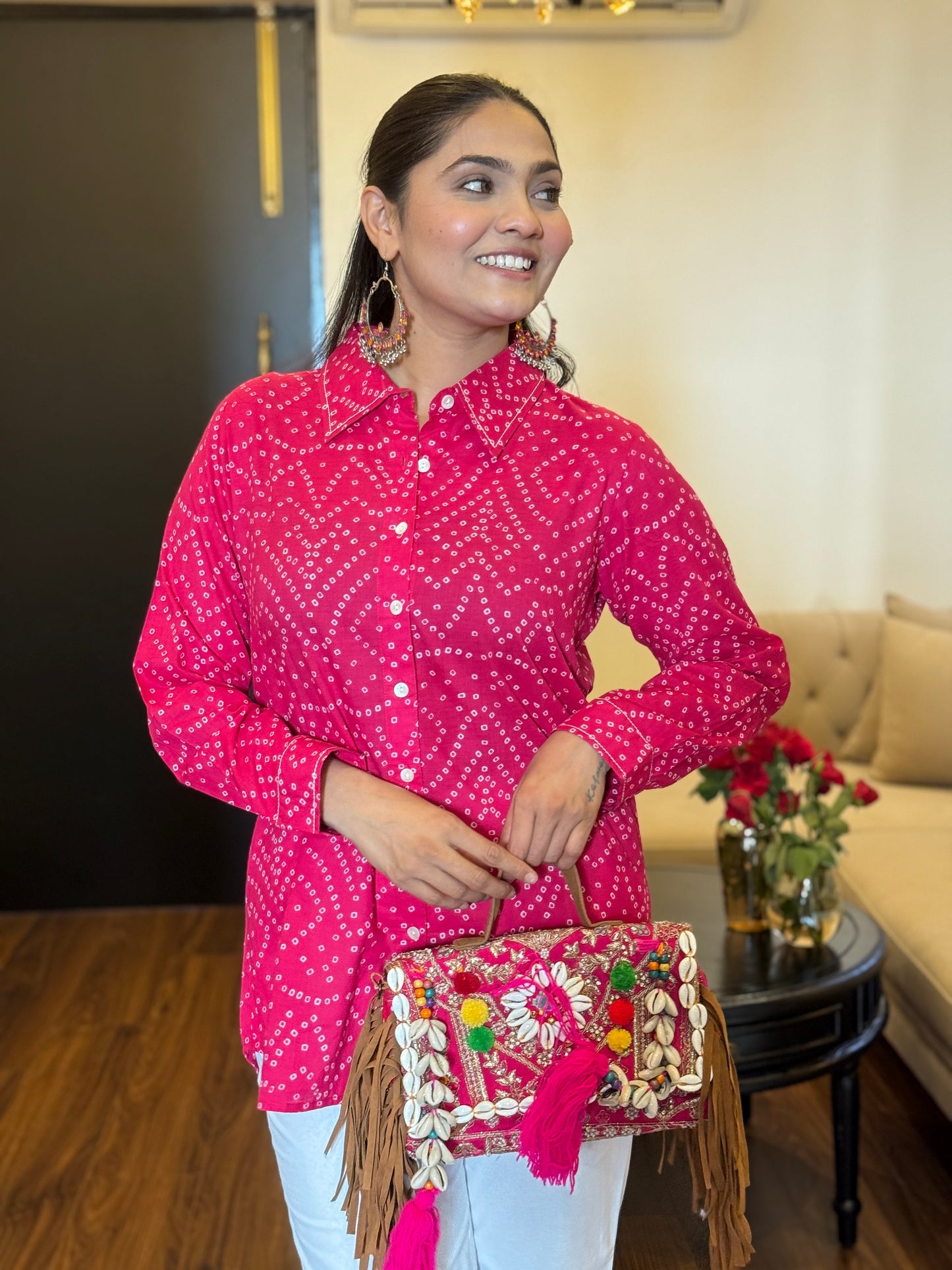 RIVA Rose Pink Bandhani Cotton Shirt