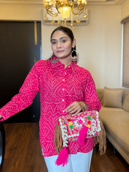 RIVA Rose Pink Bandhani Cotton Shirt