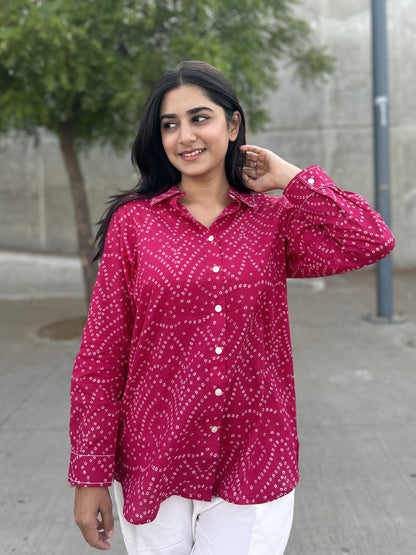 RIVA Rose Pink Bandhani Cotton Shirt