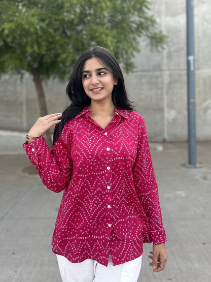 RIVA Rose Pink Bandhani Cotton Shirt