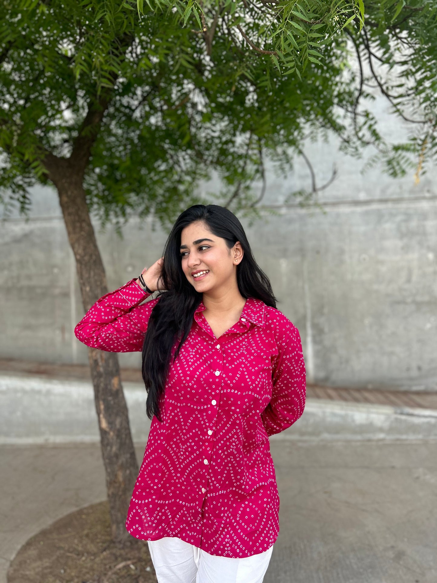 RIVA Rose Pink Bandhani Cotton Shirt