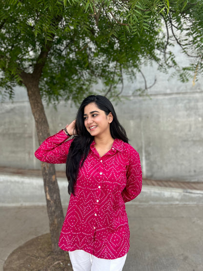 RIVA Rose Pink Bandhani Cotton Shirt