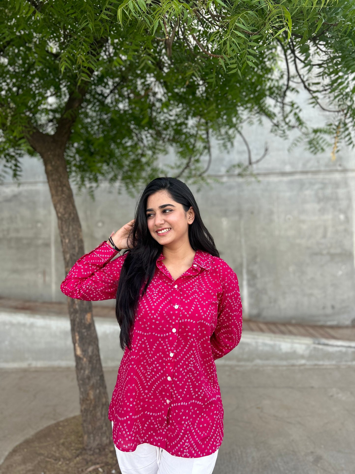 RIVA Rose Pink Bandhani Cotton Shirt