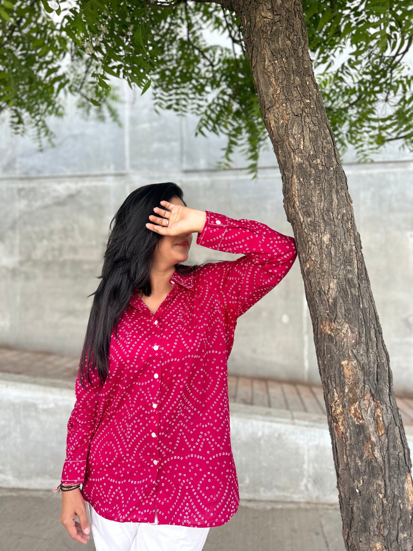 RIVA Rose Pink Bandhani Cotton Shirt
