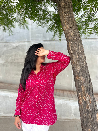 RIVA Rose Pink Bandhani Cotton Shirt