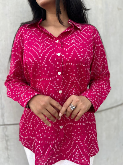 RIVA Rose Pink Bandhani Cotton Shirt