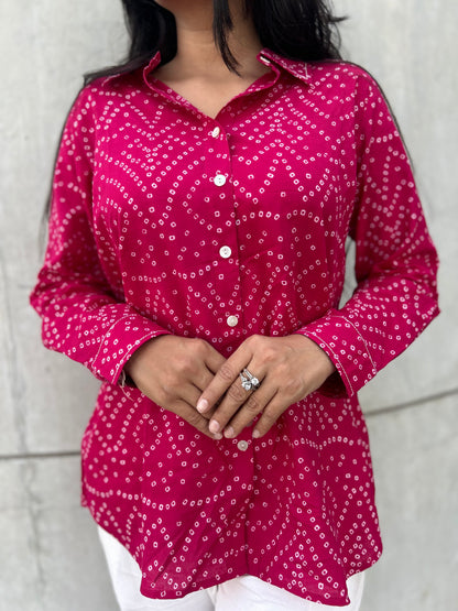 RIVA Rose Pink Bandhani Cotton Shirt