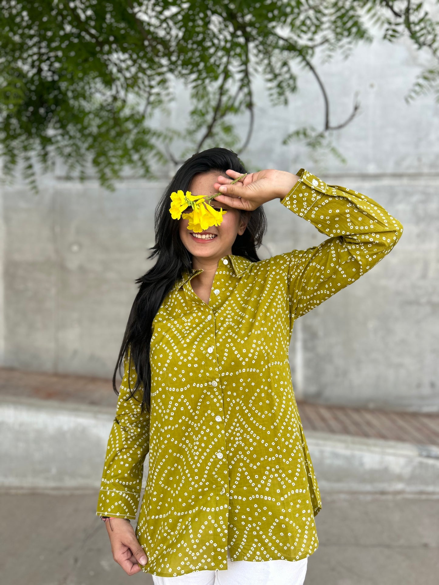 RIVA Heritage Mustard Bandhani Cotton Shirt