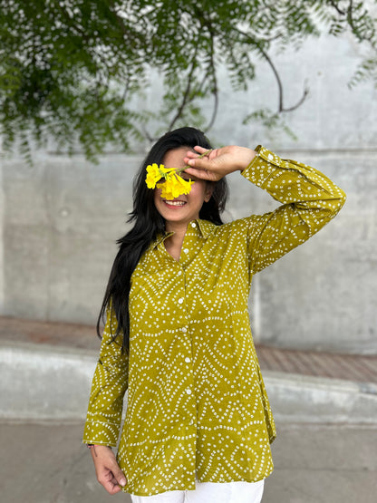 RIVA Heritage Mustard Bandhani Cotton Shirt