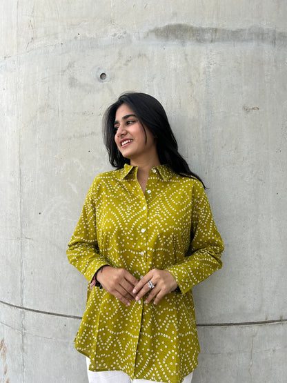 RIVA Heritage Mustard Bandhani Cotton Shirt